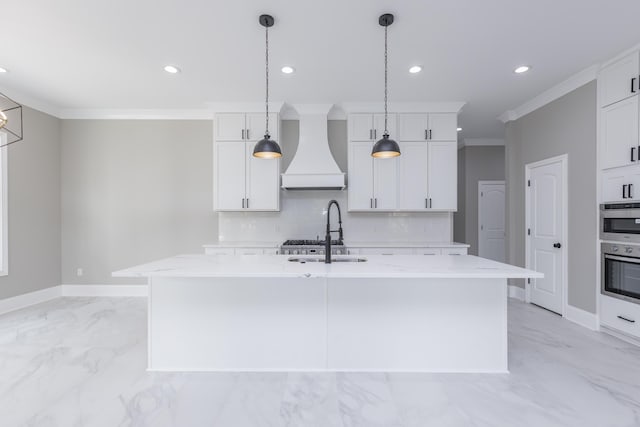 2269 Savannah Ln, Lexington, KY 40513 - kitchen featuring custom exhaust hood, a sink, crown molding, recessed lighting, and decorative backsplash