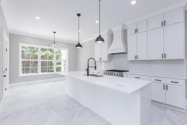 2269 Savannah Ln, Lexington, KY 40513 - kitchen with a sink, premium range hood, light marble finish flooring, backsplash, and recessed lighting