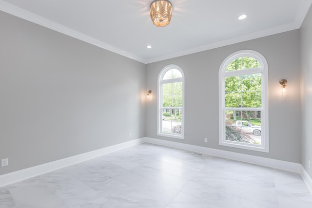 2269 Savannah Ln, Lexington, KY 40513 - empty room featuring light marble finish flooring, baseboards, ornamental molding, and recessed lighting