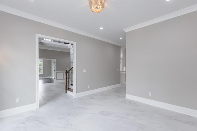 2269 Savannah Ln, Lexington, KY 40513 - spare room featuring ornamental molding, light marble finish floors, baseboards, stairs, and recessed lighting