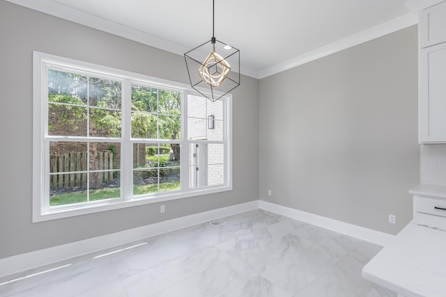 2269 Savannah Ln, Lexington, KY 40513 - unfurnished dining area featuring baseboards, ornamental molding, a chandelier, and light marble finish floors