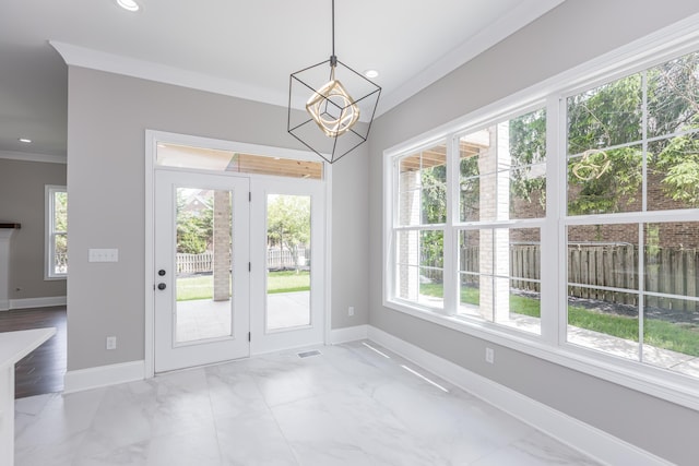 2269 Savannah Ln, Lexington, KY 40513 - unfurnished dining area featuring baseboards, ornamental molding, a chandelier, recessed lighting, and marble finish floors