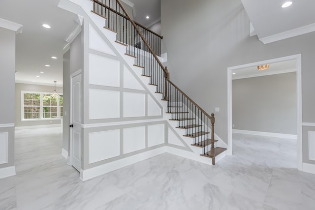 2269 Savannah Ln, Lexington, KY 40513 - stairs with crown molding, marble finish floors, recessed lighting, baseboards, and a chandelier