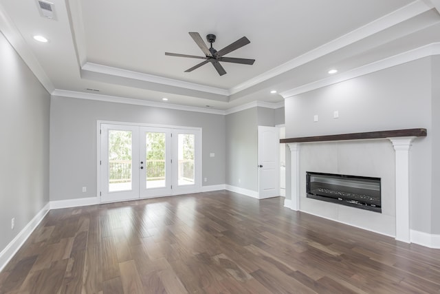 2269 Savannah Ln, Lexington, KY 40513 - unfurnished living room featuring a raised ceiling, ceiling fan, dark wood-style flooring, a fireplace, and crown molding
