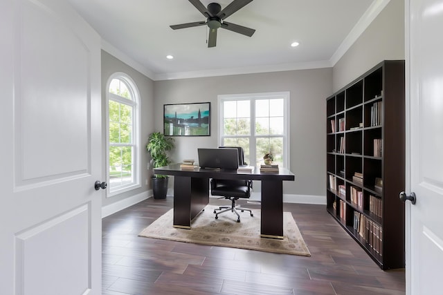 2269 Savannah Ln, Lexington, KY 40513 - office area with ornamental molding, dark wood-style flooring, a ceiling fan, baseboards, and recessed lighting