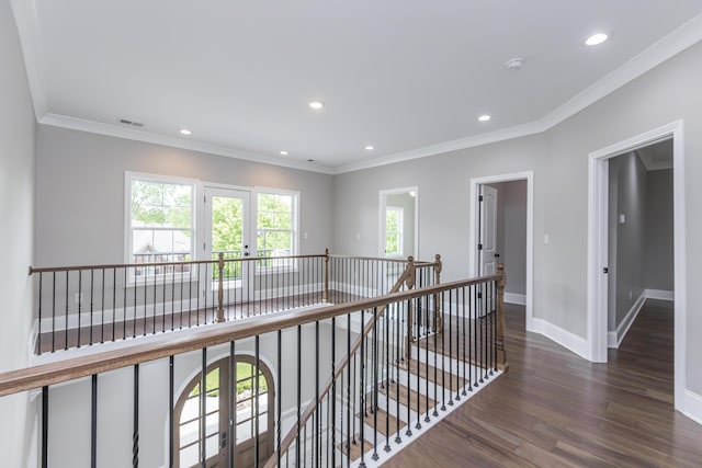 2269 Savannah Ln, Lexington, KY 40513 - hall with an upstairs landing, wood finished floors, recessed lighting, baseboards, and crown molding