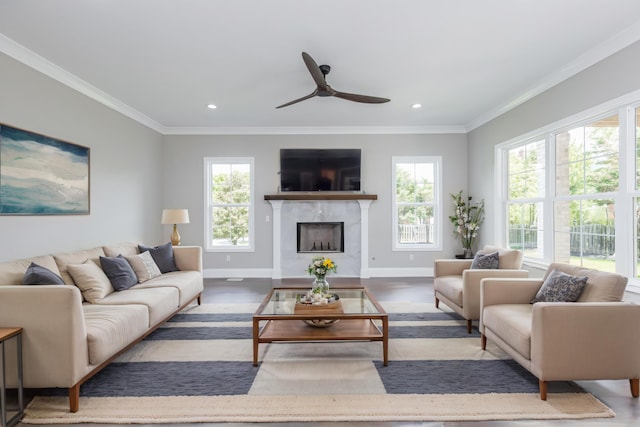 2269 Savannah Ln, Lexington, KY 40513 - living room with healthy amount of natural light, a ceiling fan, a fireplace, ornamental molding, and baseboards