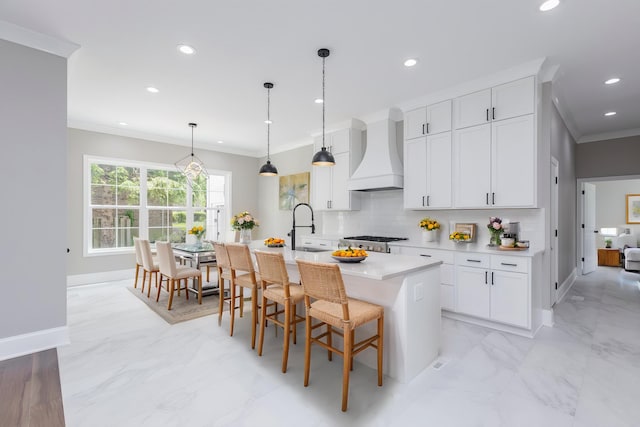 2269 Savannah Ln, Lexington, KY 40513 - kitchen featuring custom exhaust hood, a sink, crown molding, baseboards, and tasteful backsplash