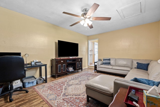 256 Michael Blvd, Frankfort, KY 40601 - living room with a desk, wood finished floors, ceiling fan, attic access, and baseboards