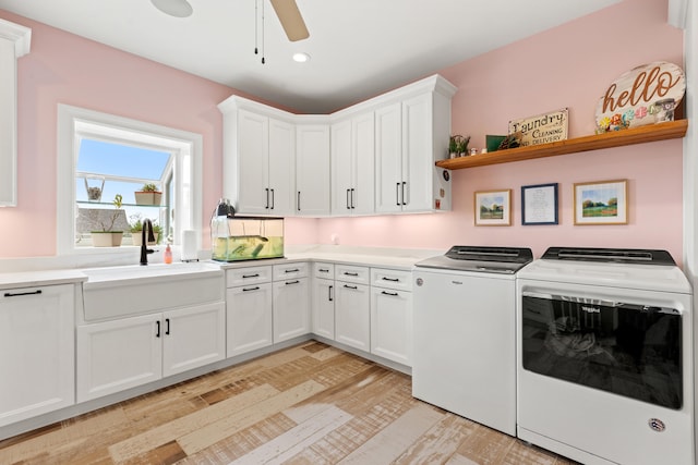 502 W Brannon Rd, Nicholasville, KY 40356 - laundry area featuring independent washer and dryer, cabinet space, light wood-style floors, a ceiling fan, and recessed lighting