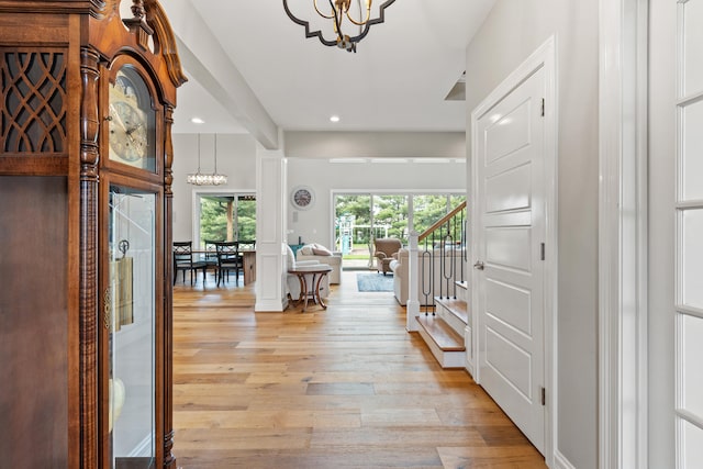 502 W Brannon Rd, Nicholasville, KY 40356 - foyer with a chandelier, light wood-style flooring, stairway, and recessed lighting