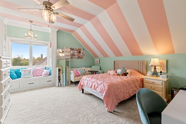 502 W Brannon Rd, Nicholasville, KY 40356 - bedroom with vaulted ceiling, carpet flooring, a chandelier, and ceiling fan