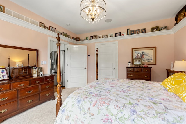 502 W Brannon Rd, Nicholasville, KY 40356 - bedroom with a chandelier, light colored carpet, and stainless steel refrigerator with ice dispenser