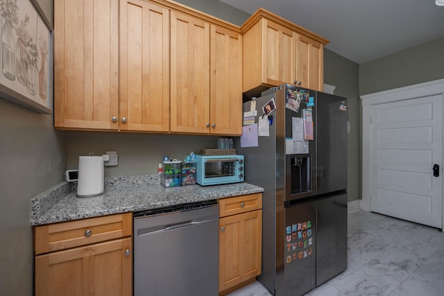 kitchen featuring dishwasher, refrigerator with ice dispenser, light marble finish flooring, light stone counters, and white microwave