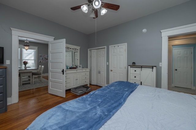 bedroom featuring wood finished floors, two closets, and ceiling fan
