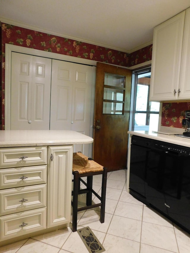 184 Meadow Dr, Harlan, KY 40831 - kitchen featuring light countertops, light tile patterned floors, crown molding, wallpapered walls, and a breakfast bar