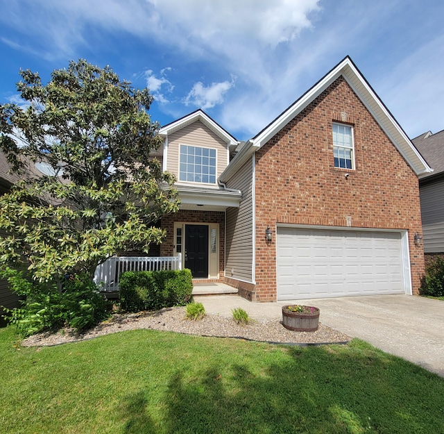 traditional-style home featuring brick siding, concrete driveway, an attached garage, covered porch, and a front lawn
