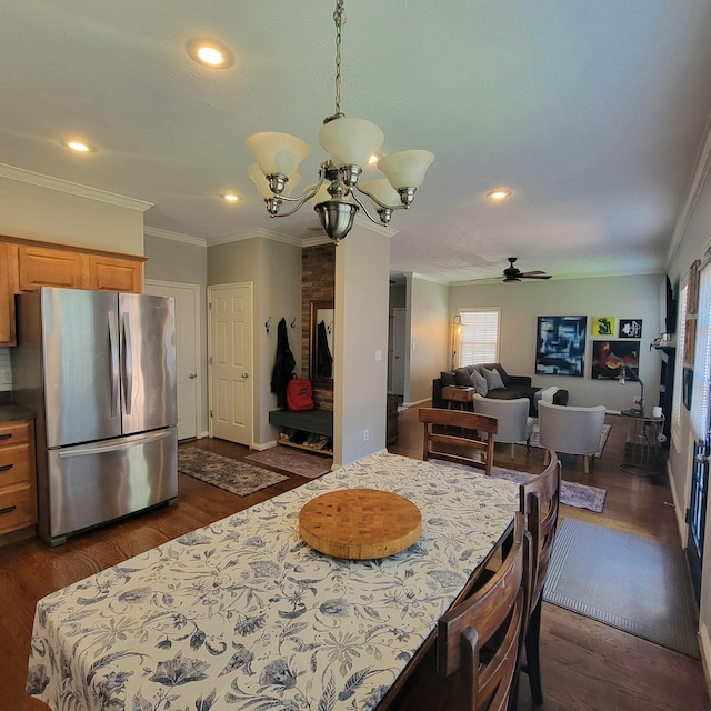 1136 Oatlands Park, Lexington, KY 40509 - dining room with dark wood-style floors, a ceiling fan, ornamental molding, recessed lighting, and a chandelier