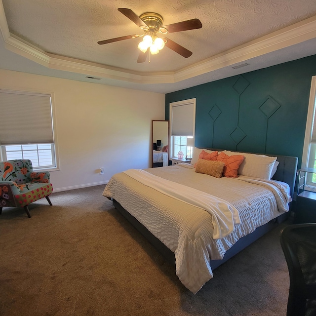 1136 Oatlands Park, Lexington, KY 40509 - carpeted bedroom with a raised ceiling, crown molding, a textured ceiling, baseboards, and ceiling fan