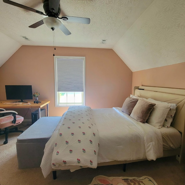 1136 Oatlands Park, Lexington, KY 40509 - bedroom featuring vaulted ceiling, carpet floors, an office area, ceiling fan, and a textured ceiling