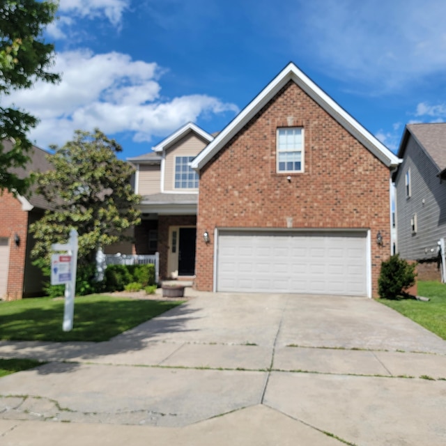 traditional home with a garage, brick siding, driveway, and a front lawn