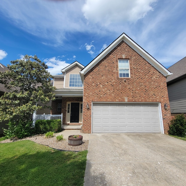 1136 Oatlands Park, Lexington, KY 40509 - view of front of house with brick siding, a garage, driveway, a porch, and a front lawn
