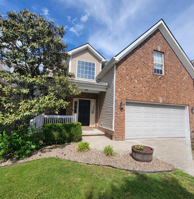 view of front of home with a garage, brick siding, covered porch, and concrete driveway