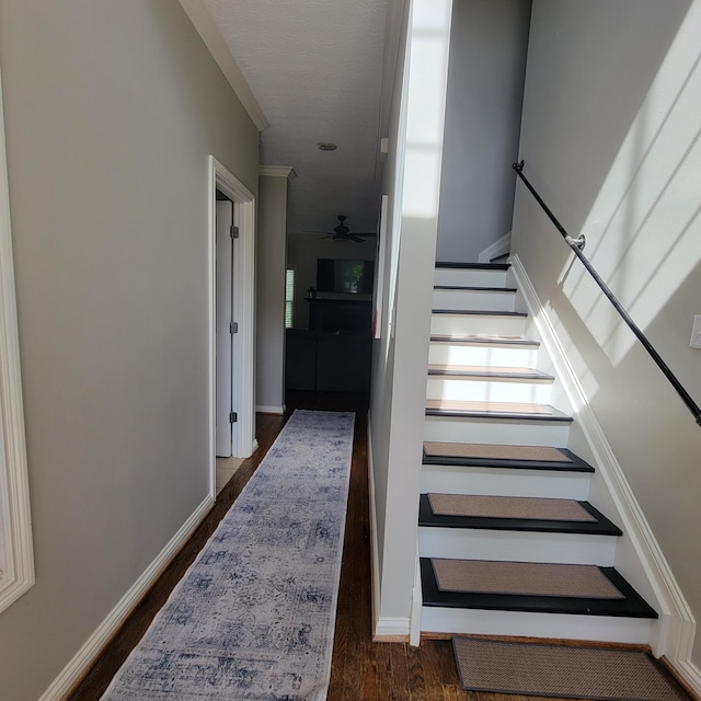 1136 Oatlands Park, Lexington, KY 40509 - staircase featuring wood finished floors, baseboards, ornamental molding, and a ceiling fan