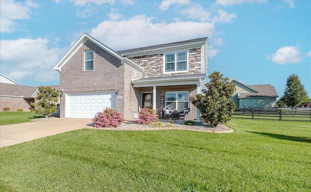 view of front of home featuring a garage, covered porch, concrete driveway, and brick siding