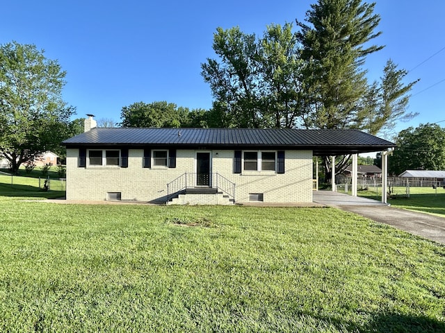 220 Jill Dr, Somerset, KY 42503 - ranch-style house featuring brick siding, an attached carport, a chimney, and metal roof