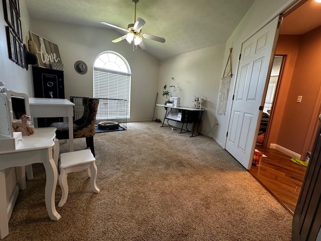 76 Waterford Way, Somerset, KY 42501 - carpeted home office with vaulted ceiling, a ceiling fan, baseboards, and wood finished floors