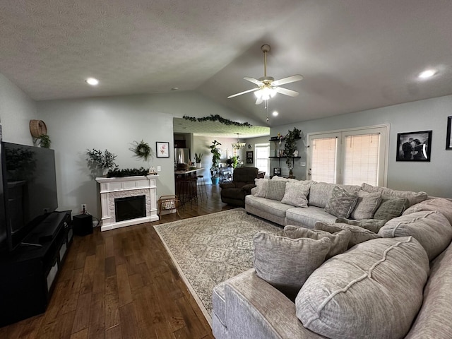 76 Waterford Way, Somerset, KY 42501 - living room featuring ceiling fan, dark wood-style flooring, vaulted ceiling, recessed lighting, and a fireplace