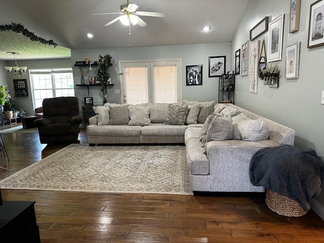 76 Waterford Way, Somerset, KY 42501 - living room featuring ceiling fan, dark wood-style floors, recessed lighting, lofted ceiling, and a chandelier