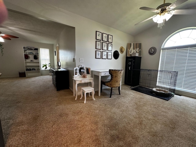 76 Waterford Way, Somerset, KY 42501 - dining area with ceiling fan, carpet flooring, healthy amount of natural light, and lofted ceiling