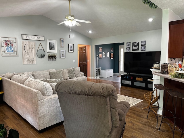 76 Waterford Way, Somerset, KY 42501 - living area featuring a ceiling fan, vaulted ceiling, dark wood-type flooring, and recessed lighting