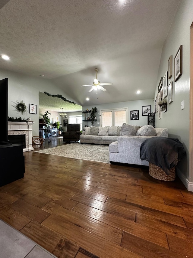 76 Waterford Way, Somerset, KY 42501 - living room featuring vaulted ceiling, a ceiling fan, hardwood / wood-style flooring, recessed lighting, and a textured ceiling