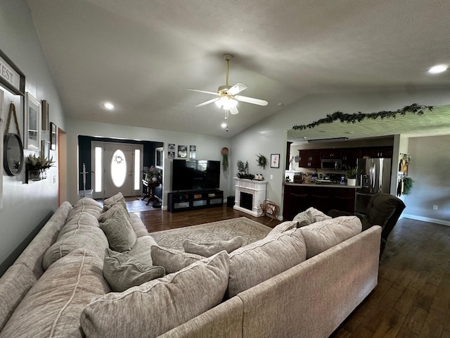 76 Waterford Way, Somerset, KY 42501 - living room with vaulted ceiling, ceiling fan, dark wood-style floors, and recessed lighting