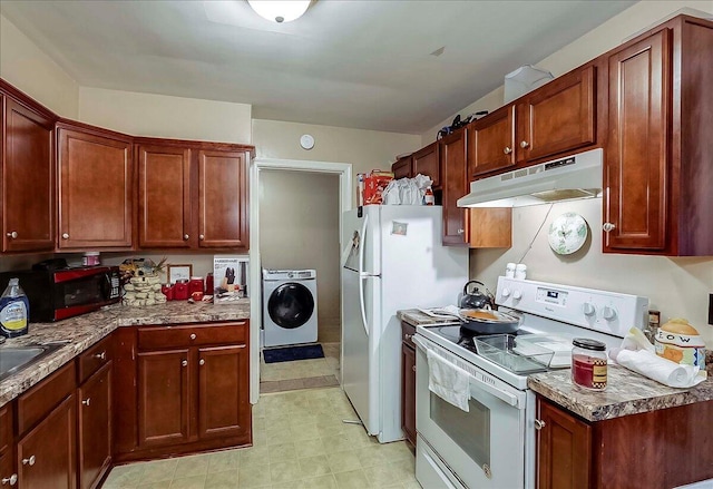 149 Willis Ave, Frankfort, KY 40601 - kitchen with white appliances, washer / dryer, and under cabinet range hood