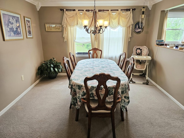 87 Park Estates Ln, London, KY 40744 - dining space featuring carpet flooring, a chandelier, ornamental molding, and baseboards