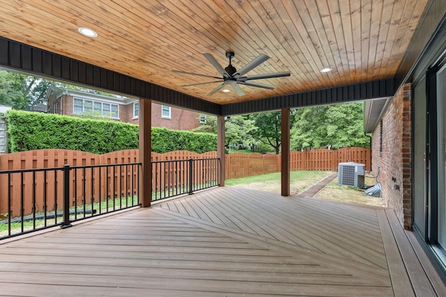 810 Cooper Dr, Lexington, KY 40502 - wooden terrace featuring ceiling fan, a fenced backyard, and central AC
