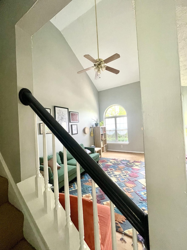 812 Statesman Way, Lexington, KY 40505 - stairway featuring high vaulted ceiling, ceiling fan, and carpet