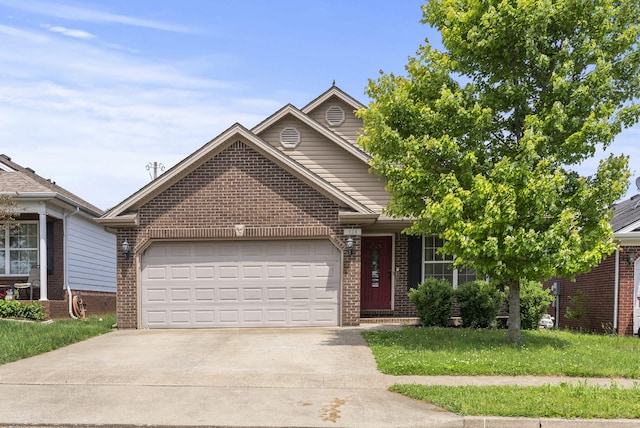 view of front of house featuring brick siding, concrete driveway, an attached garage, and a front yard