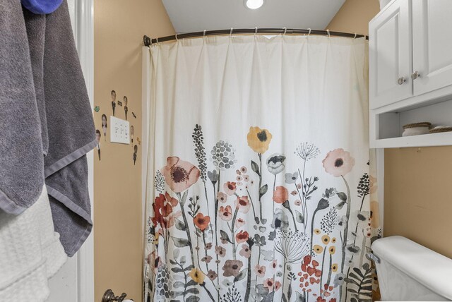 bathroom with toilet, a shower with shower curtain, and recessed lighting