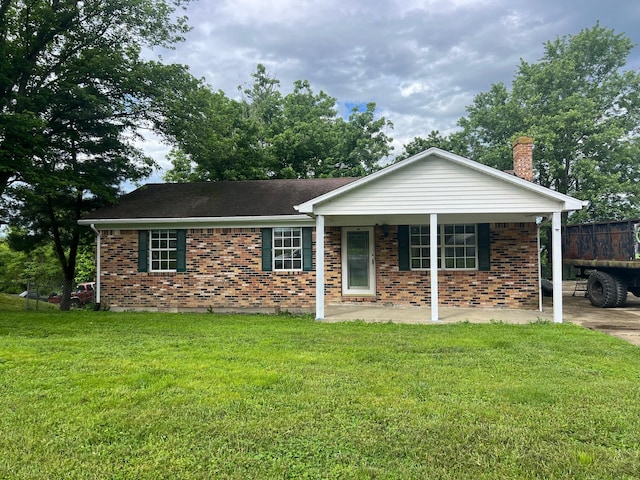 104 Arvin Dr, Lancaster, KY 40444 - ranch-style house with a front lawn, brick siding, covered porch, and a chimney
