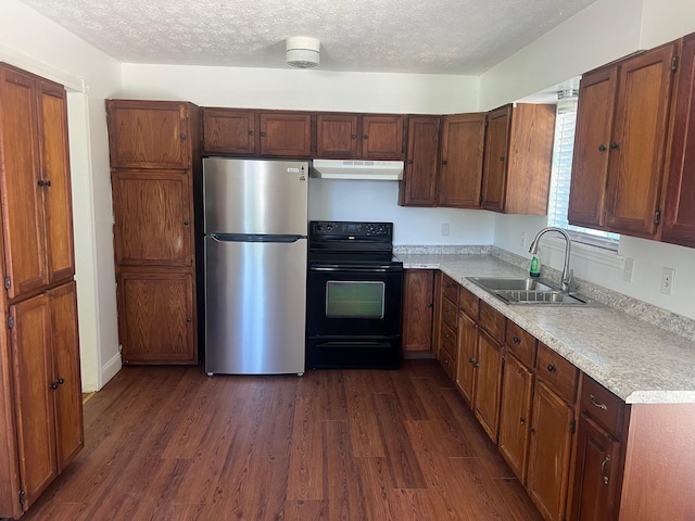 104 Arvin Dr, Lancaster, KY 40444 - kitchen featuring freestanding refrigerator, electric range, exhaust hood, a sink, and dark wood finished floors