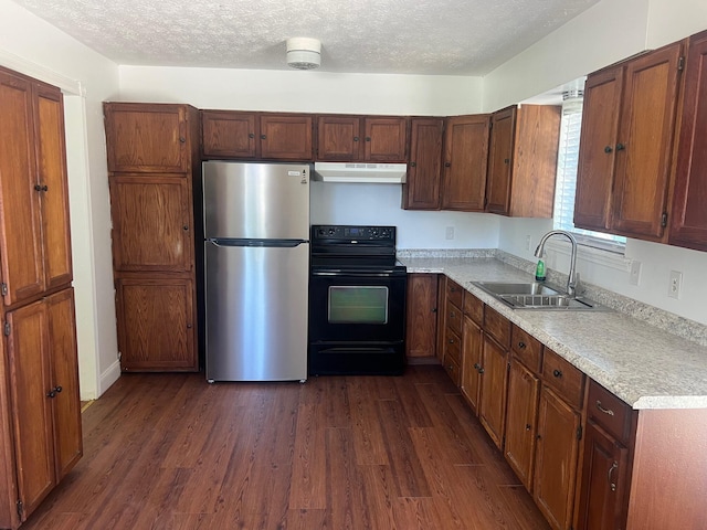 104 Arvin Dr, Lancaster, KY 40444 - kitchen featuring freestanding refrigerator, electric range, ventilation hood, a sink, and dark wood-style flooring
