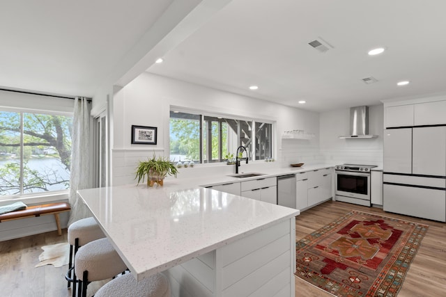 543 Laketower Dr Unit 140, Lexington, KY 40502 - kitchen featuring appliances with stainless steel finishes, wall chimney range hood, a sink, plenty of natural light, and recessed lighting