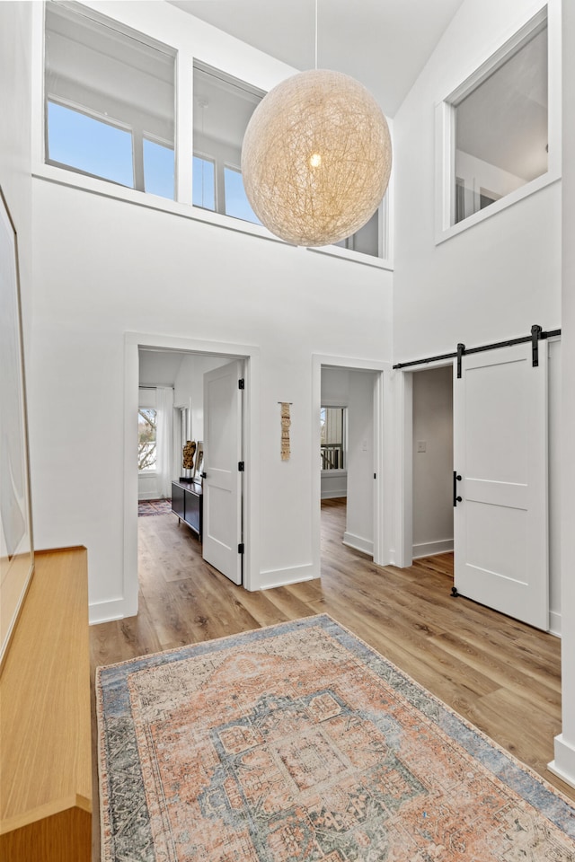 543 Laketower Dr Unit 140, Lexington, KY 40502 - entryway featuring wood finished floors, a barn door, a high ceiling, and baseboards