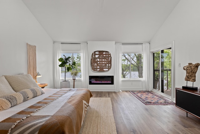 543 Laketower Dr Unit 140, Lexington, KY 40502 - bedroom featuring vaulted ceiling, access to exterior, hardwood / wood-style floors, and a glass covered fireplace