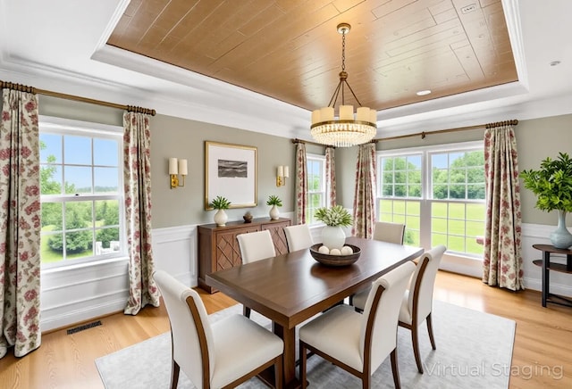 4301 Ravens Crest Ln, Lexington, KY 40515 - dining space featuring a tray ceiling, a wainscoted wall, a chandelier, light wood-style floors, and wooden ceiling